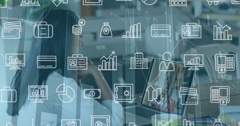 The scene features a businesswoman having a video call on her laptop, overlaid by digitally generated financial icons. This represents modern business practices where finance and technology come together. Suitable for illustrating articles or promotions about remote work, financial consulting, global business connectivity, or the integration of digital technologies in business strategies.