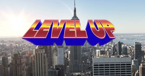 Level Up Text Over Modern Cityscape Promotes Achievement