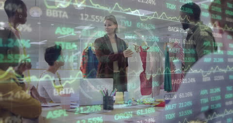 Financial Data Animation Merges with Diverse Business Team in Office