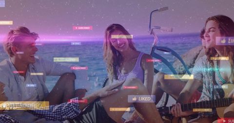 Friends Relaxing on Beach with Social Media Overlay