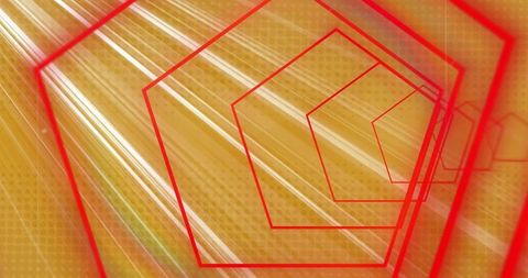 Red pentagons receding over golden motion lines abstract geometric background