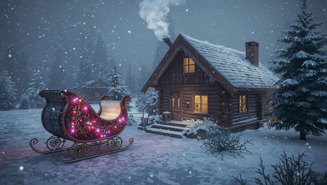 Illuminated ornate sleigh by snowy log cabin at night with glowing lights and rising smoke