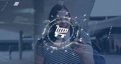 Woman holding smartphone using augmented reality shopping interface at urban mall