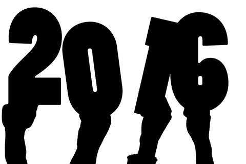 Celebratory hands holding 2016 balloons on transparent, new year party