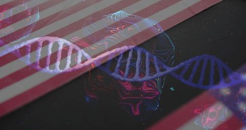 Glowing dna double helix overlaying red-white stripes with neon holographic contours