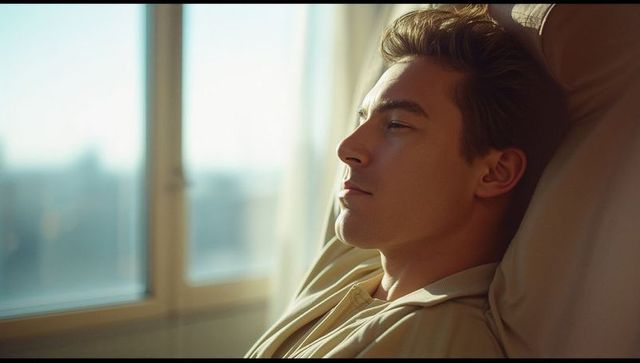 Man Relaxing on Sofa Near Window Overlooking Cityscape
