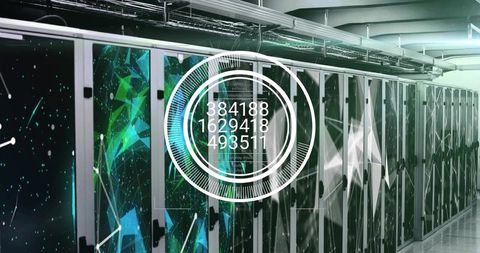 Futuristic data center glowing server racks hud analytics overlay glass-door cabinets