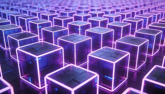 Neon-Edged Translucent Cubes Forming Futuristic Grid with Circuitry Textures
