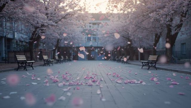 Spring blossoms: pink petals grace tranquil courtyard