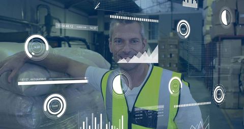 Warehouse Worker Monitoring AR Analytics While Touching Wrapped Pallet in High-Vis Vest