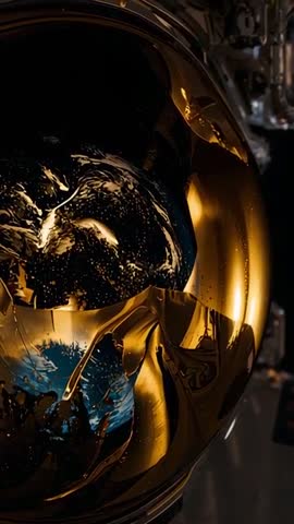 Golden Orb Revealing Dark Liquid Swirling Inside Reflective Metallic Sphere Vertical Video