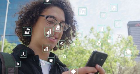 Student checking AR overlays on smartphone at urban campus, carrying backpack