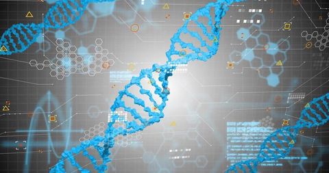 Blue dna helix rotating in virtual genomics interface with holographic data panels