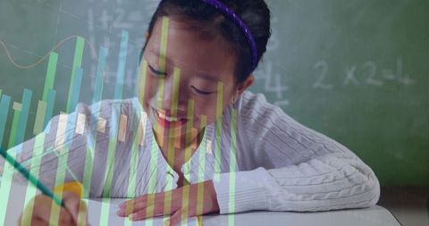 Young Student Solving Math with Chart Overlay in Classroom