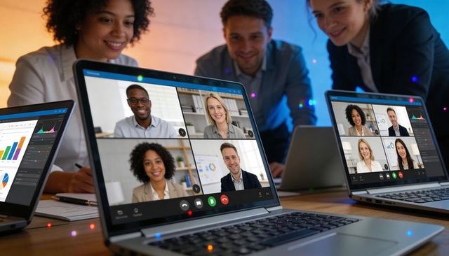 Hybrid team collaborating on video conference with laptops, analytics and telepresence