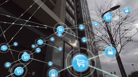 Digital Network Interface with E-Commerce Icons on Urban Background