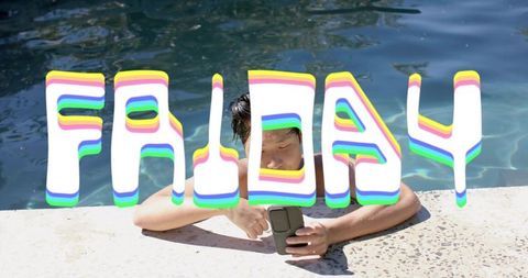 Friday poolside scrolling: asian man relaxing and checking smartphone at sunny pool deck