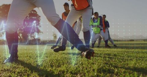 Female Athlete Sliding on Field with Digital Overlay