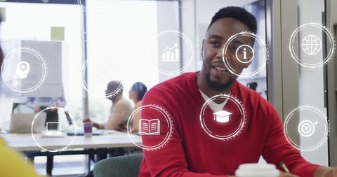 Business Professionals Engaging with Digital Icons in Office