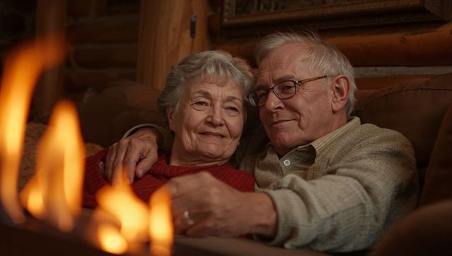 Senior couple cuddling by warm fireplace in log cabin, cozy evening together