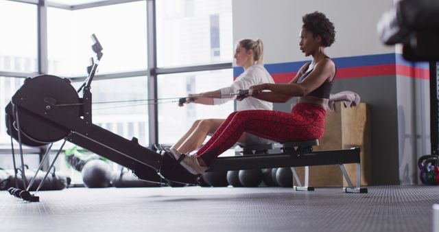 Image of two diverse, confident women on rowing machines working out at a gym. Exercise, fitness and healthy lifestyle.