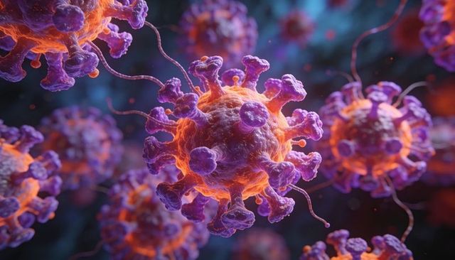 3d colorized coronavirus virion with purple spike proteins and detailed glowing orange core