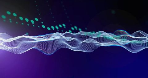 Neon particle waveform flowing across dark tech background for digital data visualization