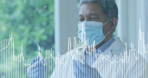 Senior clinician drawing vaccine into syringe by window with overlaid medical data charts