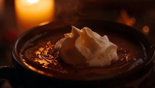 Steaming Hot Chocolate with Whipped Cream in Cozy Candlelit Atmosphere