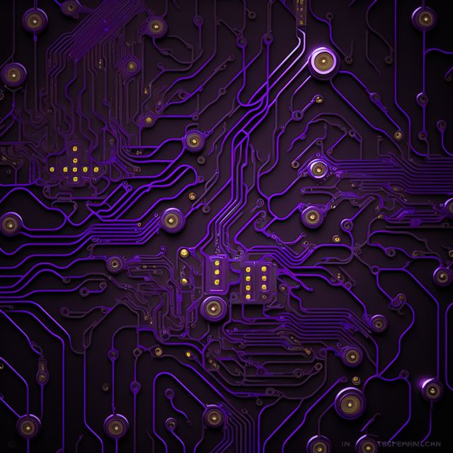 Image of computer circuit board and purple light trails on dark background. Computing and data processing concept created using generative ai technology.