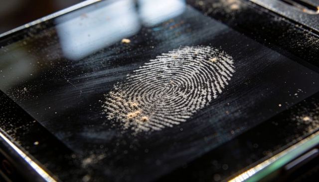 Macro fingerprint revealing dusty touchscreen smudges on glossy smartphone display closeup