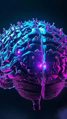 Rotating Metallic Brain Pulsing Neon Blue Purple Lights Vertical Tech Loop