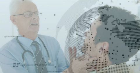 Senior physician examining male patient's jaw with stethoscope, global digital overlay