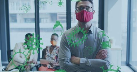 Business Team Meeting Amidst COVID-19 Pandemic with Virus Icons