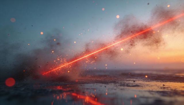 Red-orange laser streak cutting across wet shore at sunset sparks, smoke and reflections
