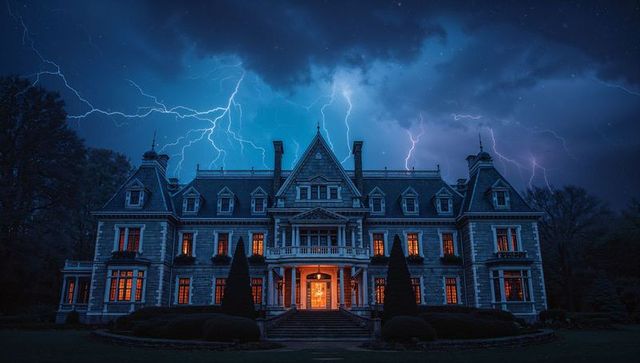 Gothic Mansion illuminated During Thunderstorm at Night