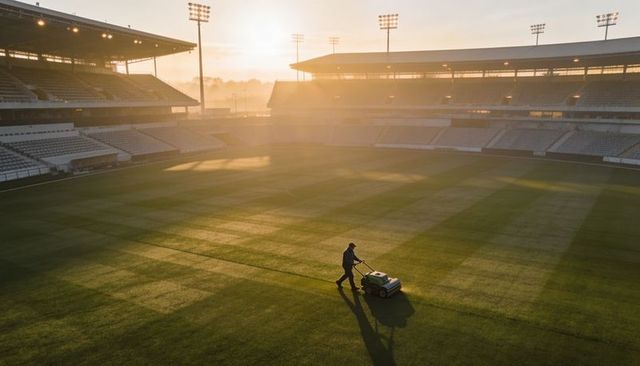 Groundsman mowing striped stadium pitch at sunrise with walk-behind mower