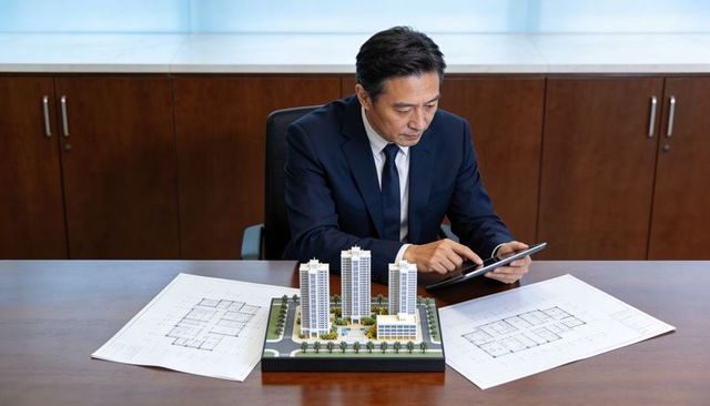 Executive reviewing urban development model and blueprints while using tablet in boardroom