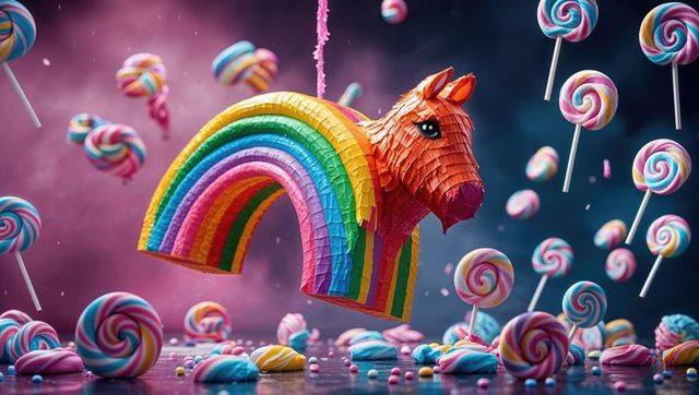 Colorful unicorn piñata among floating lollipops and candies