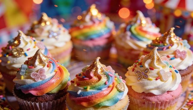 Rainbow Buttercream Cupcakes Sparkling with Gold Hearts and Colorful Sprinkles for Party