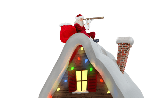 Santa Claus Watching from Snowy Roof with Telescope, Christmas Concept