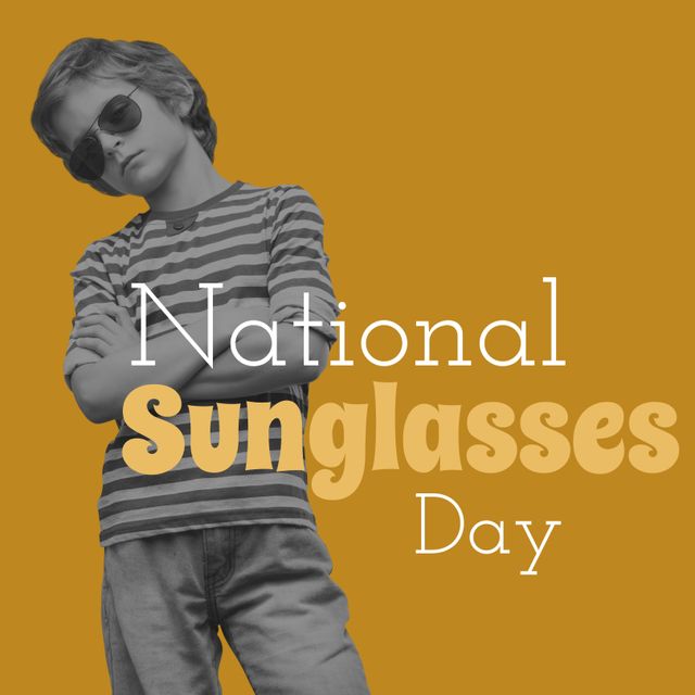 Composite of national sunglasses day text and portrait of caucasian boy in sunglasses, copy space. yellow background, childhood, awareness and protection concept.