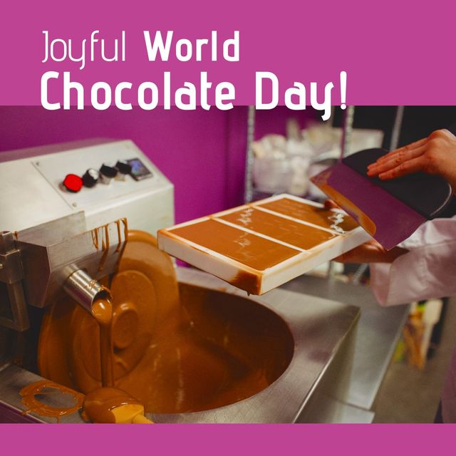 Hands seen creating chocolate in a factory setting, ideal for World Chocolate Day celebrations. Perfect for articles, advertisements, or social media posts emphasizing the joy and craftsmanship involved in making chocolate. Great for food blogs, holiday promotions, and confectionery business marketing.