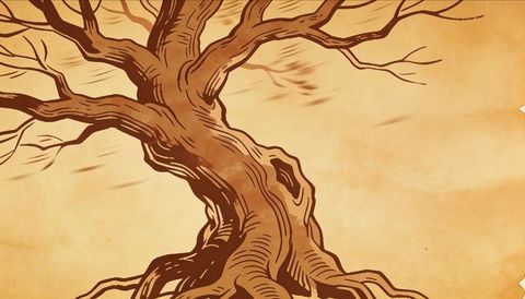 Gnarled tree with exposed roots standing on aged parchment background, sepia illustration