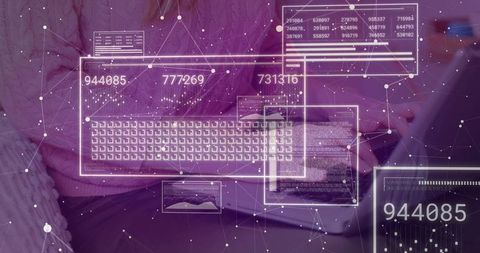 Mid-adult woman in pink sweater using laptop and smartphone with digital HUD analytics overlay