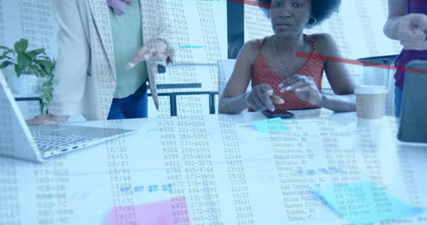 Financial Data Overlay with Diverse Team at Business Meeting