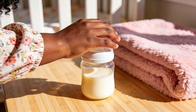 Caregiver hand securing lid on baby bottle beside pink blanket in sunlit nursery