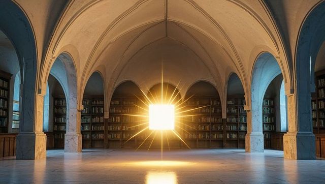 Mystical Glowing Portal in Historic Library with Marble Columns