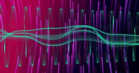 Flowing Teal Dotted Waveform Ribbon on Magenta to Indigo Gradient with Neon Light Trails