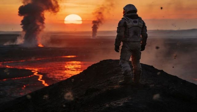 Astronaut standing on volcanic ridge at sunset surveying molten lava with smoke plumes